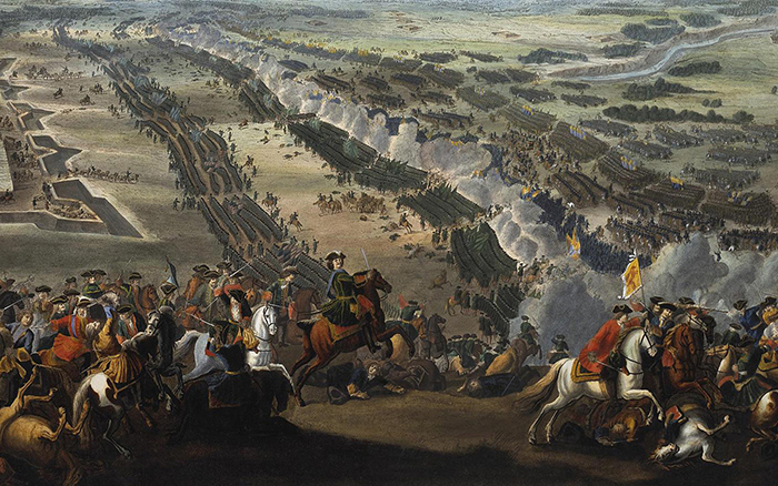 Сражение между русскими и шведскими войсками у Полтавы 27 июня 1709 года. Картина Пьера Дени Мартена Младшего. После 1724 года